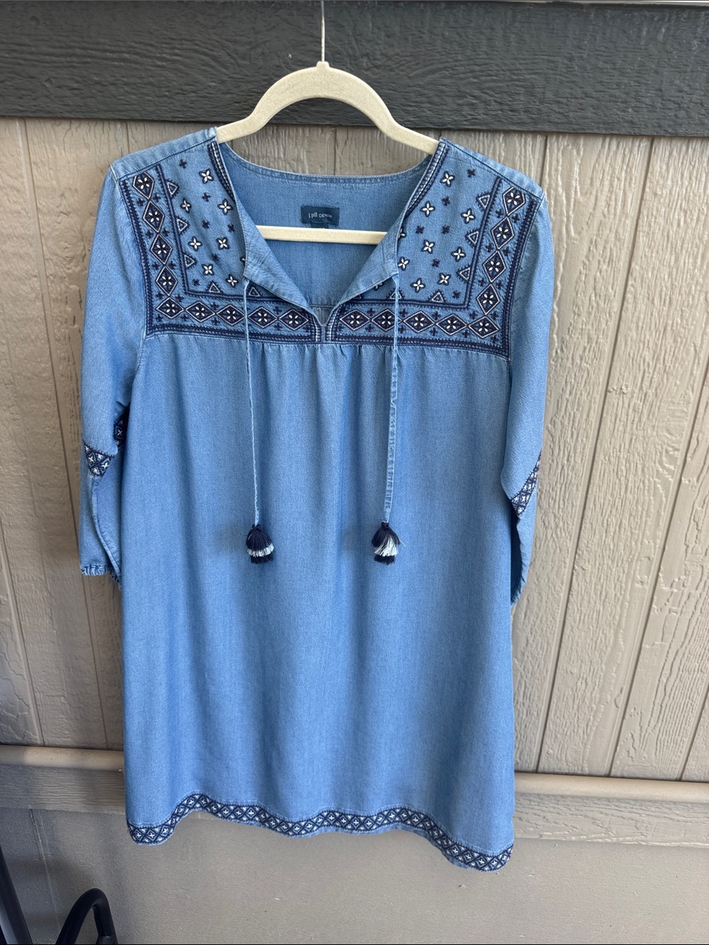 J Jill Light Blue Embroidered Tunic Dress with Tassel Ties